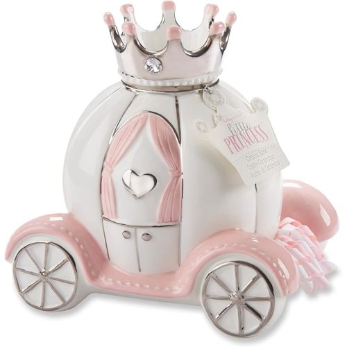 Baby Aspen Ceramic Porcelain Princess Carriage Piggy Bank, for A Baby Shower or Baby Girl Room Decor, Pink/Silver/White