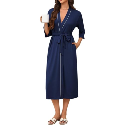 Ekouaer Robes for Women Long Knit Bathrobe Lightweight 3/4 Sleeves Kimono Robe Soft Sleepwear with Pockets S-XXL
