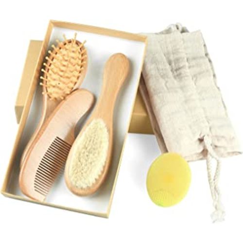 Baby Hair Brush and Comb Set (4-Piece) for Newborn - Wooden Baby Hairbrush Set，A Beechwood Brush, Baby Airbag Brush, Beech Handle Brush, and Prevent Cradle Cap Silicone Brush