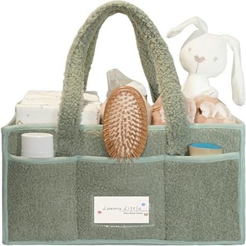 luxury little Diaper Caddy Organizer, Large Cotton Rope Nursery Baby Basket, Changing Table Organizer for Baby Diaper Storage, Portable Car Organizer with Removable Divider, Baby Shower Gifts Green