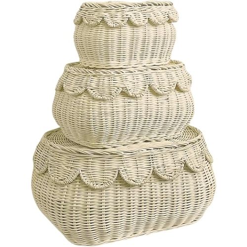 Scalloped Basket with Lid Set of 3,Stackable Baskets for Organizing, Scalloped Wicker Basket, Woven Basket With Lid, Rattan Storage Baskets with Lid, Basket With Lid Decorative Storage