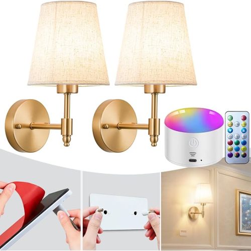 YHCDLAMP Peel and Stick Wall Sconces, No Drilling Stick On Wall Sconce, Wireless Battery Operated Wall Lights, Adhesive Wall Lamp with 10000mAh Battery Bulb for Bedroom Living Room Decor