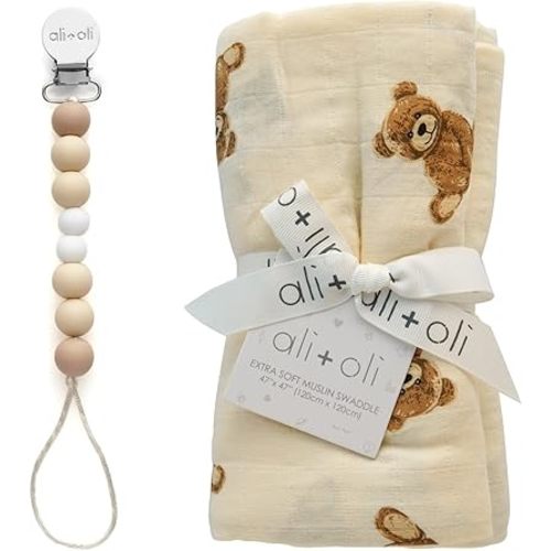 Ali+Oli Swaddle Blanket and Pacifier Clip Bundle, Neutral Design, Soft and Gentle, Ideal for Newborns, Boys and Girls