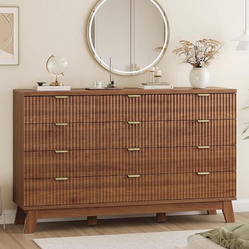 Xixini Fluted Dresser for Bedroom with 12 Drawers, 57" Wide Modern Chest of Drawers with Metal Handle, Wooden Dresser TV Stand, Wood Closet Clothes Storage Organizer for Living Room, Hallway, Walnut