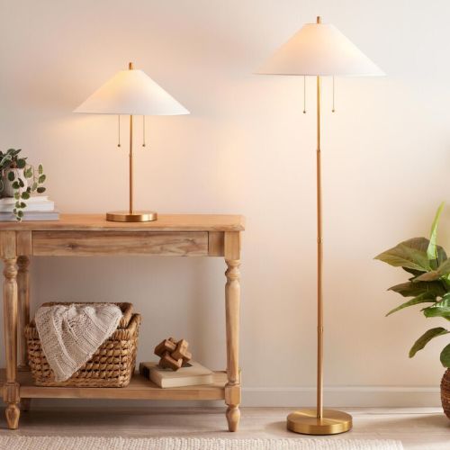 Brass and Faux Rattan Empire Shade Lighting Collection