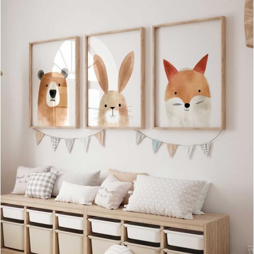 Nursery Wall Art Prints, Watercolor Animal Portraits, Bear, Bunny and Red Fox, Cute Nursery Art, Set of 3, Printable Baby Room Decor