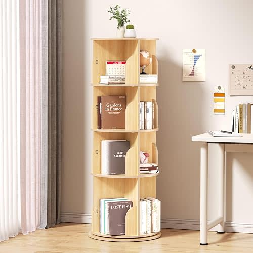 BIERUM 4 Tier Rotating Bookshelf Tower, 360 Display Round Spinning Bookcase
