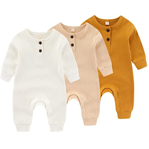 IADOER Newborn Baby Boys Girls One Piece Romper With Mitten Cuffs 3 Pack Long Sleeve Ribbed Button Jumpsuit Outfit Clothes