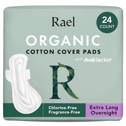 Rael Pads for Women, Organic Cotton Cover - Ultimate Absorbency, Feminine Care, Ultra Thin, Sanitary Napkins with Wings, Unscented (Extra Long Overnight, 24 Count)