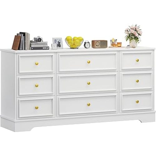 Hasuit Large Dresser with 9 Drawers for Bedroom, 61.4'' Long Modern Chest of Drawers, White Wide Dressers Clothes Closet, Wooden Bedroom Funiture Storage Organizer