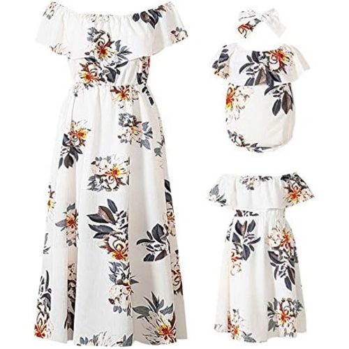 PopReal Mommy and Me Dresses Floral Printed Chiffon Bowknot Ruffles Short Sleeve Beach Mom Daughter Matching Outfits