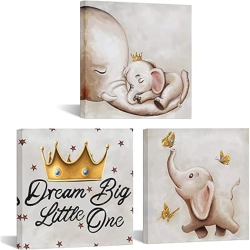 Visual Art Decor 3 Pieces Cute Little Elephant Dream Big Painting Canvas Wall Art Prints Animal Picture for Kids Bedroom Nursery Room Artwork,Framed 12inx12inx3Pieces