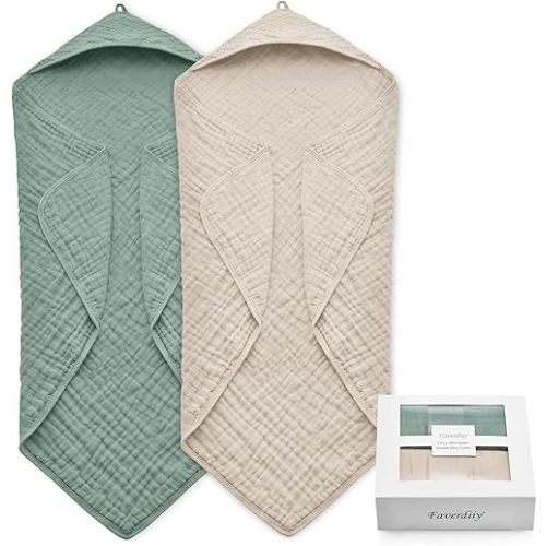 Hooded Baby Towels for Newborn, 35x35 Inch 2 Pack 100% Muslin Cotton Baby Bath Towel, Soft Baby Beach Towels with Hood for Infants, Toddlers and Kids, Essentials Must Haves