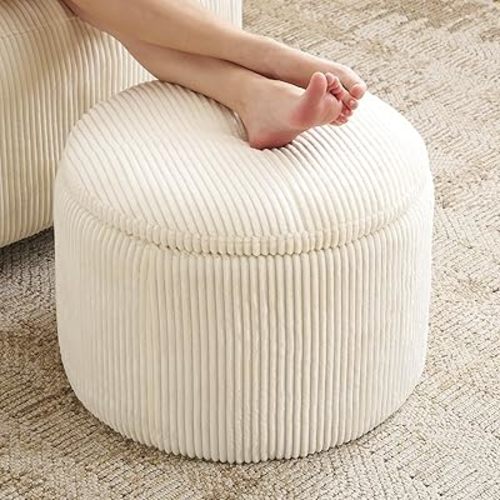 Modern Round Storage Ottoman with Reversible Tray Lid,Chenille Ottoman Foot Stools, Ottoman Footstool with Hidden Storage, Storage Ottoman, Multi-Functional Footrest, Corduroy Beige