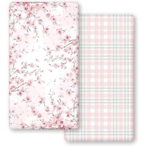 Horaldaily 2 Pack Fitted Crib Sheet for Boys Girls,Soft Breathable Washable Jersey Microfiber Baby Crib Sheet, Fits Standard Size Crib Mattress 28in x 52in, Cherry Blossom Nursery Sheet Pink/White
