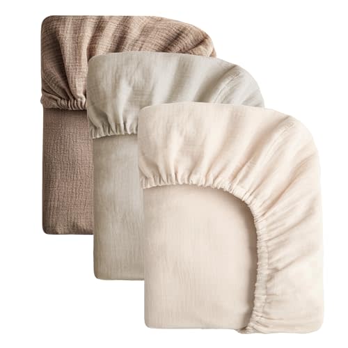 SOULFUL Muslin Crib Sheets for Boys Girls, 2 Pack Soft and Breathable Organic Cotton Fitted Crib Sheets for Standard Crib Mattress (28"x 52", Beige & Light Tan & Brown)