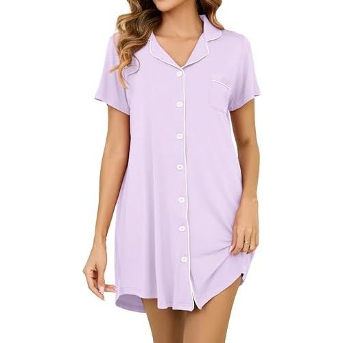 Nightgowns for Women Short Sleeve Button Down Nightshirt Soft Sleepshirt Boyfriend Pajama Dress