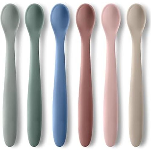 6-Piece Silicone Baby Feeding Spoons for First Stage Infant, Soft-Tip Easy on Gums I Training Spoon Self | Baby Utensils Feeding Supplies, Dishwasher Safe & Boil-proof