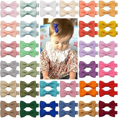 Hair Clips 60Pcs 2" Baby Girls Fully Lined Baby Bows Tiny Hair Bows Alligator Clips for Infants Toddlers 30 Colors in Pairs