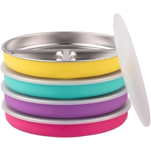Elk and Friends Stainless Steel Divided Plates with Silicone Sleeve for Babies & Toddlers | Lids Included | Stay Put Suction | Dinner & Snack Plates | 4 Pack