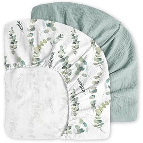 Little Grape Land Muslin Crib Sheets, 100% Cotton Sheets 2 Pack for Standard Crib and Toddler Bed Mattress, 52"x28" Soft Breathable Neutral Crib Sheets Fitted for Boys Girls(Green Leaves)