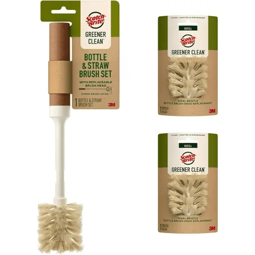 Scotch-Brite Greener Clean Bottle & Straw Brush Set, 1 Bottle Brush Cleaner, 1 Straw Brush & 2 Replaceable Bottle Brush Heads, Bottle Cleaner Brush Set