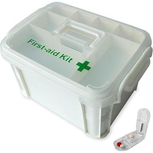 Deke Home - Portable First Aid & Medicine Organizer Box with Handle – Plastic Family Medical Storage Kit for Travel, Car, Home, Camping, Office + Pill Cutter