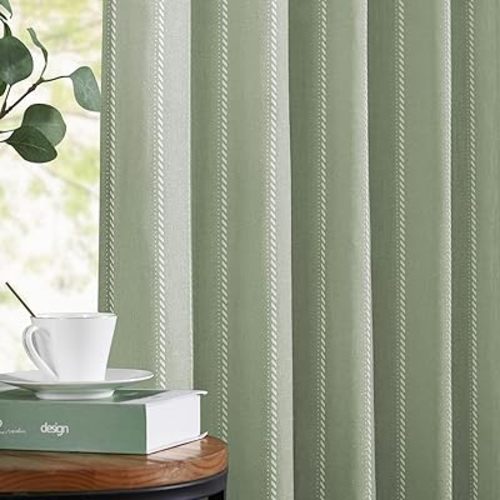 jinchan Linen Blend Curtains 84 Inches Long Sage Green Striped Curtains for Living Room Country Light Filtering Drapes Semi Sheer Sage Green Window Treatment for Bedroom 2 Panel Sets
