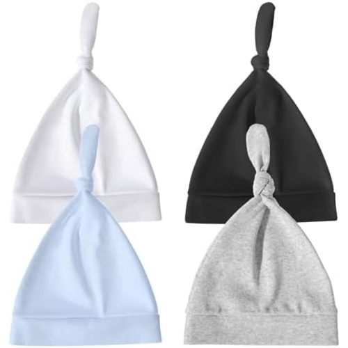 4 Pack Newborn Boy Hats Baby Hats 0-6 Months Knot Beanie Hats Soft Cotton Newborn Beanies Caps for Infant Baby Girls Boys