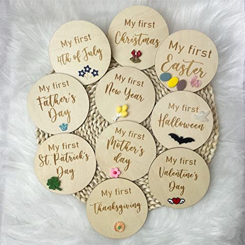 Wooden Baby Milestone Cards, Baby First Holiday Milestone Signs, Newborn Baby Photo Props Markers, Expecting Mom Gift for Boys Girls (Set of 10)