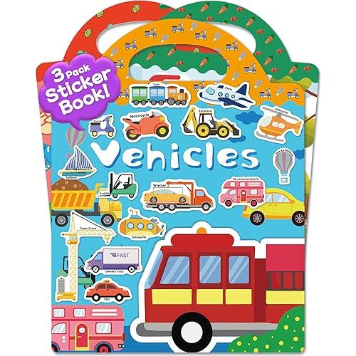 Benresive Reusable Sticker Book for Toddlers 2-4 Years, 3 Sets Travel Stickers for Kids, Waterproof Sticker Books for Toddlers 1-3, Crafts Activities for Todddlers 1-3 2-4 3-5