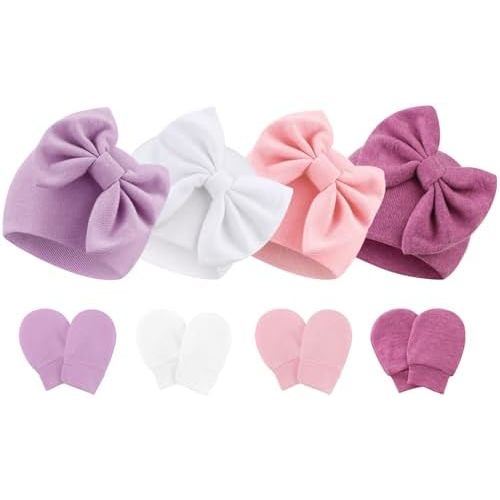 BQUBO Newborn Baby Hats Mittens Set Hospital Hat Beanie Infant Bow Hats Baby Gloves No Scratch Mittens for 0-6 Months