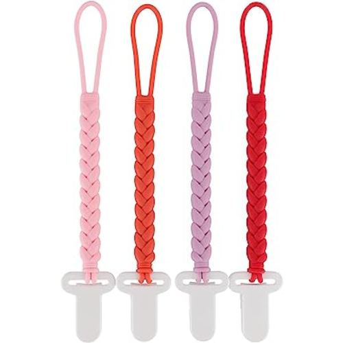 4-Pack Silicone Pacifier Clips with a Woven Rope Shape for Baby Boys and Girls - Flexible and Rust-Free Holders for Teething Relief and Baby Essentials, Safe for Newborns (Pink)