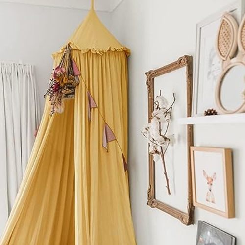 MAMERIA Kids Bed Canopy with Frills Cotton Cover Net for Baby Crib Reading Nook Curtain Hideaway Hanging Round Tent Nursery Bedding Play Room Decor (02CNP0002-YL)