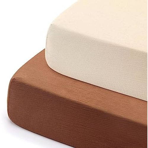 GRSSDER Soft Muslin Crib Sheet 2 Pack, 100% Cotton Crib Sheets for Boys and Girls, Fit Standard Crib Mattresses 52" x 28" Safe and Snug, Beige and Brown