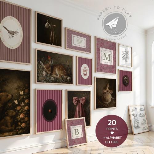 Moody Heirloom Nursery Gallery Set, Burgundy Plum Antique Wall Art, Vintage Woodland Fine Art Print, Dark Feminine Playroom Decor, Quote Art