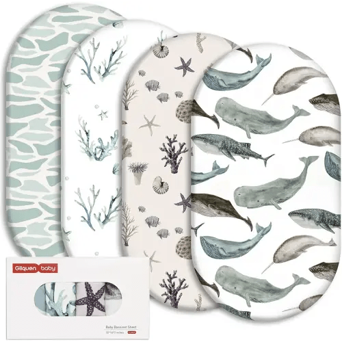Gllquen Baby Bassinet Sheets 4 Pack, Breathable Cozy Fitted Mattress Sheet, Elastic Travel Crib Fashionable Floral Pattern, Standard Cradle Safe Sheets for Baby Boy Girls 32"X16" (Marine)