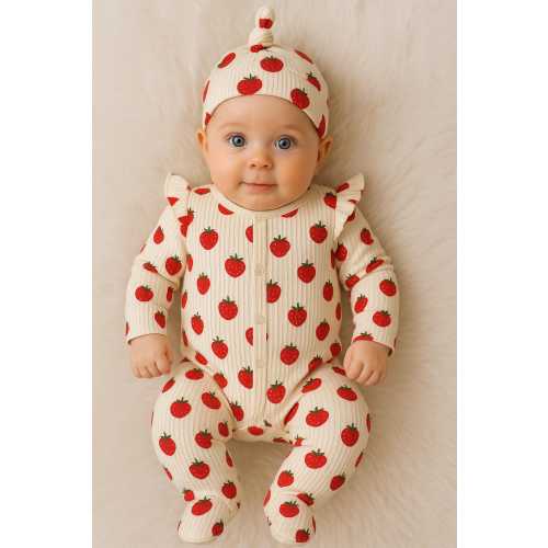 Strawberry Ribbed Baby Sleepsuit with Hat – 2 Piece Newborn Outfit (0-3M) (3-6M)