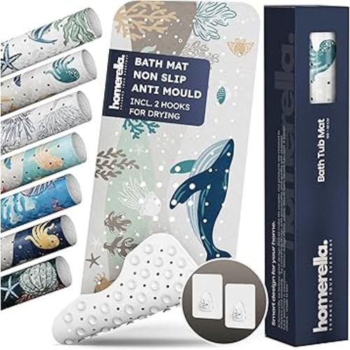 homerella® Shower Mat Non Slip Anti Mold, Non Slip Shower Mats for Inside Shower Stall Anti Slip Mat, Square Shower Floor Mat 21 x 21 in with Suction Cups & Hooks for Quick Drying, Machine Washable