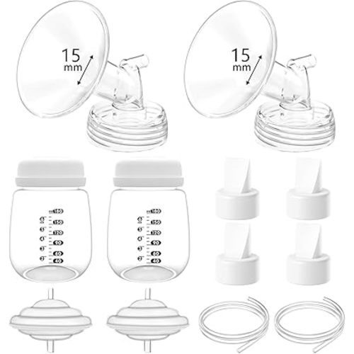 15mm Pump Parts Compatible with Spectra S1/S2/9 Plus,Spectra Replacement Pump Parts,Full Set Replace Include 15mm Flange, Duckbill Valve, Backflow Protector, Tubing and Bottle
