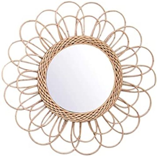 22" Large Rattan B Innovative Art Decoration Round Makeup Mirror Dressing Bedroom Bathroom Wall Hanging Mirrors Craft Photo Props,Glass Decor
