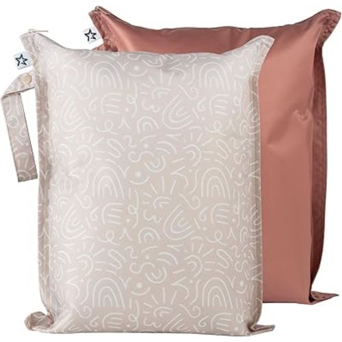 Tiny Twinkle Mess-proof Wet Bags 2 Pack Waterproof and Washable Bag for Travel storage, Stroller, Daycare, Baby Diapers, Yoga, Beach, Pool, Wet Toddler Swimsuits (Zen Garden,Taupe)