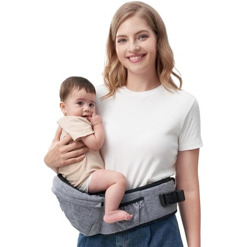 Momcozy Hip Seat Baby Carrier - Adjustable Waistband with Original 3D Belly Protector, Ergonomic Carrier with Various Pockets for Newborns & Toddlers up to 45lbs (Grey, Large)