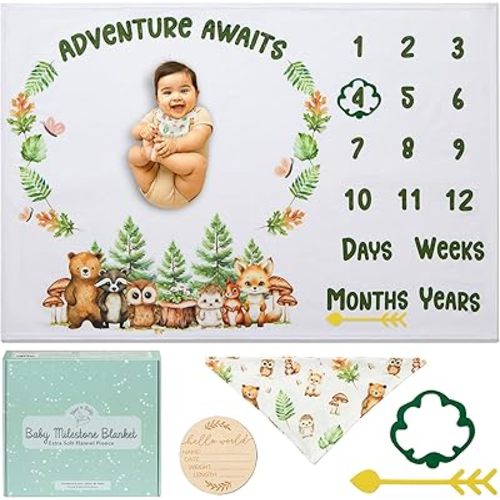 Bliss n' Baby Monthly Milestone Blanket for Baby Boys & Girls - 60"x40" - Wrinkle Free Newborn Blanket with Baby Announcement Sign, Bib & Frames - Washable & Dryable - Woodland Theme Photo Props