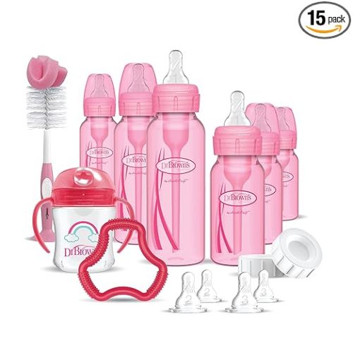 Dr. Brown's Natural Flow Anti-Colic Options+ Special Edition Pink Baby Bottle Feeding Set with Beaded Ring Teether, Sippy Cup, Bottle Brush and Travel Caps, 15 Piece Set