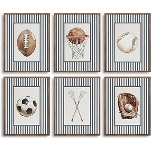 BVVEYKXX 6Pcs Vintage Sports Themed Wall Art Retro Ball Sports Boy's Room Posters Children's Room Wall Decor Baseball Football Soccer Basketball Prints Pictures for Kids Room Nursery 8x10in Unframed