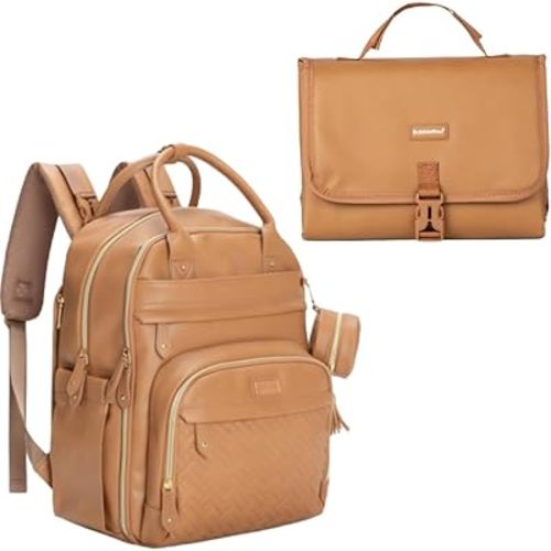 BabbleRoo Vegan Leather Portable Changing Pad Light Brown & Basic Diaper Bag Light Brown