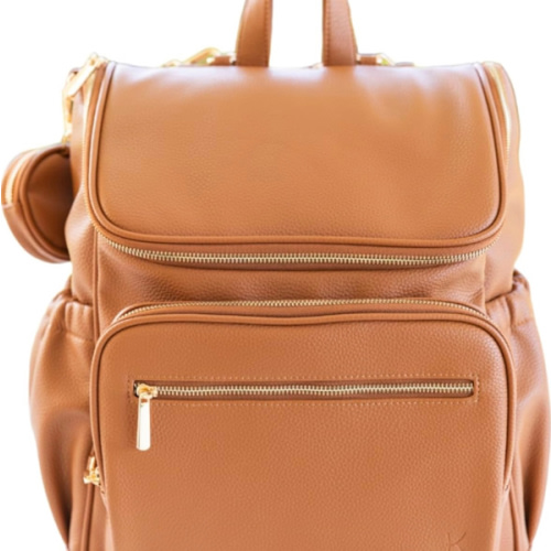 Leather Diaper Bag Backpack, Multi-Function, Anti-Theft, Waterproof, with Changing Pad, Stroller Straps, Pacifier Case, Light Brown Vegan Leather
