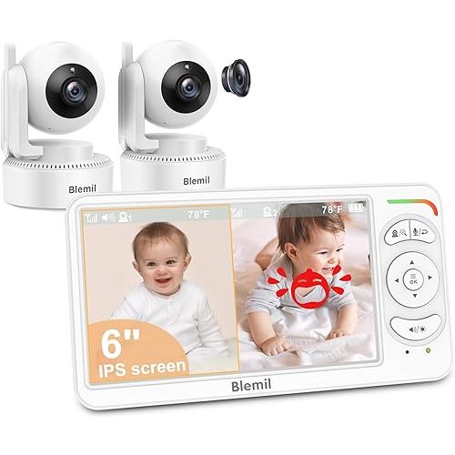 6" Baby Monitor with 2 Cameras and Audio 30 Hours Battery Upgrade Split Screen Video Baby Monitor Remote Pan-Tilt-Zoom 178°Wide-Angle 150 Languages No WiFi ECO 2-Way Talk Night Vision 1000ft Travel