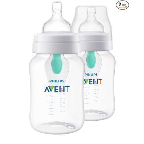 Philips Avent Anti-Colic Baby Bottle with AirFree Vent, 9oz, with Flow 2 Nipples, 1m+, 2pk, Clear, SCY703/02
